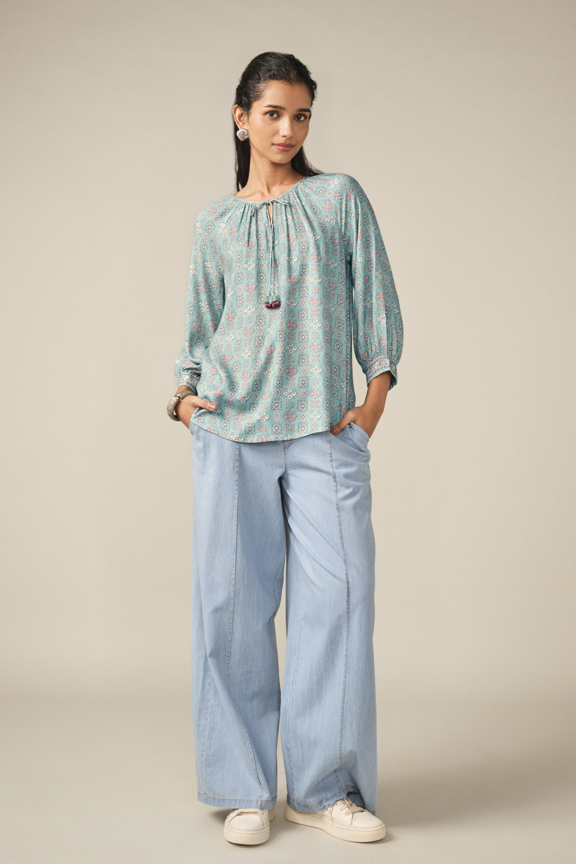 A-Line Printed Peasant Top in Teal, Teal, image 3